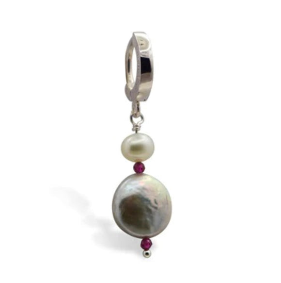 Sterling Silver Sleeper Navel Ring with a Double Freshwater Pearl Pendant Drop Charm in Silver & White