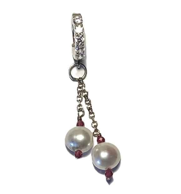 Stunning Solid Silver Navel Ring Pave Set with Clear CZs and Silver Chain/Pearl Drop Charm